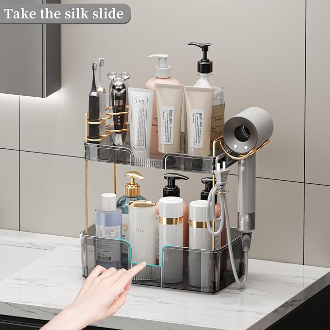 YCIA&DONE Bathroom Counter Organizer, Large Makeup Organizer Countertop, Shelf Storage, Vanity Tray, Easily Assemble for Bathroom Organizers and Storage, Undersink, Cabinet, 2 Tiers Grey-NeatNest