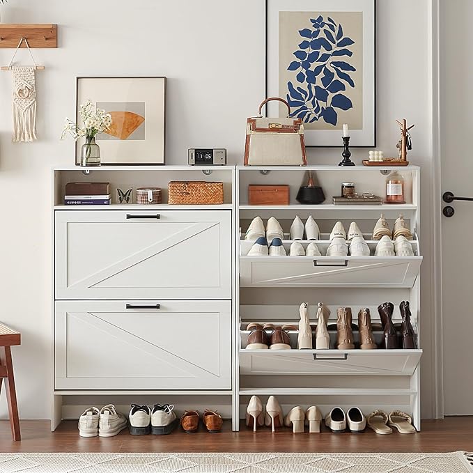 Shoe Storage Cabinet with 2 Flip Drawers,Farmhouse Narrow Shoe Organizer with Legs,Freestanding Hidden Slim Shoe Rack Cabinet with Open Storage for Entryway,Hallway, Foyer, White-NeatNest