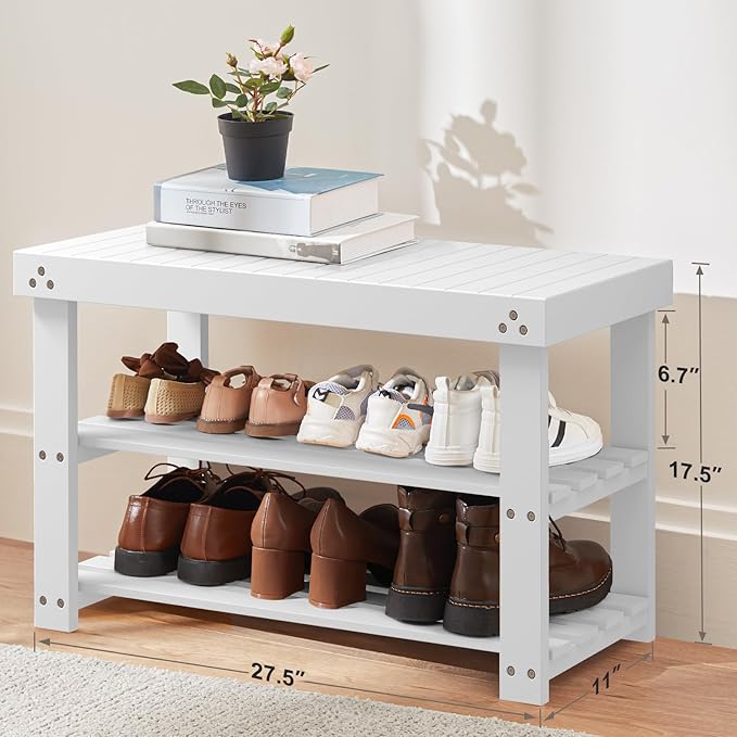 Pipishell Bamboo Shoe Rack Bench, 3-Tier Sturdy Shoe Organizer, Storage Shoe Bench, Holds up to 300lbs for Entryway Bedroom Living Room Balcony (White)-NeatNest