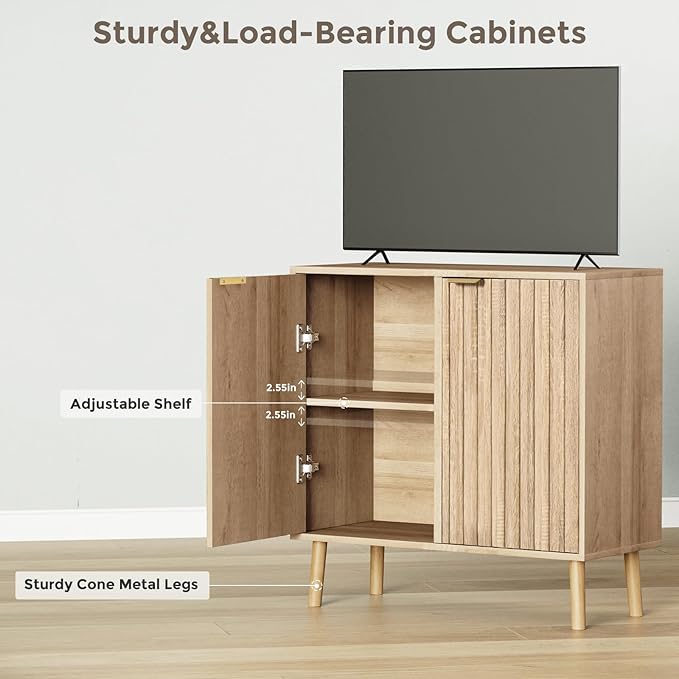 Fluted Storage Cabinet, Free Standing Buffet, Wood Sideboard, Multifunctional Accent Storage for Living Room, Hallway, Entryway, Dining Room (1, Oak)