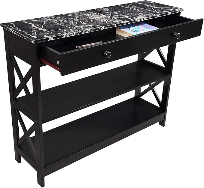 Convenience Concepts Oxford 1 Drawer Console Table with Shelves, Black Faux Marble/Black-NeatNest