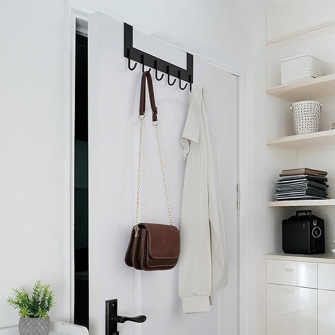 WEBI Over The Door Hooks Door Hanger,Over Door Towel Rack with 6 Hooks,Door Coat Hanger Over Door Coat Rack for Clothes,Black,2 Packs