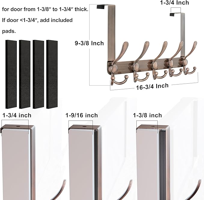 Dseap Over Door Hook 2.0 - Upgraded Version - Simple-Assembly, Strong, Heavy-Duty Stainless Steel 5-Tri-Hook Over The Door Hanger Rack, SimpleStrong Series, Antique Copper
