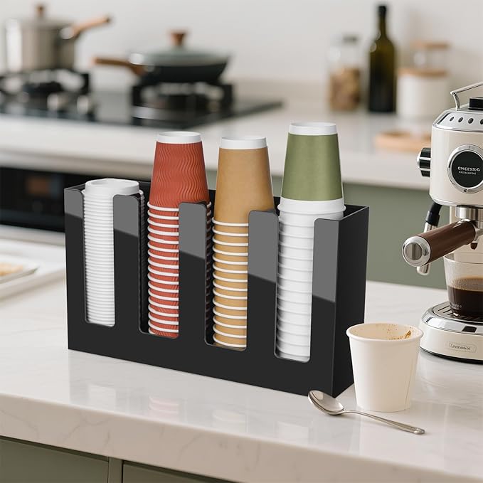 MYITYARD Coffee Cup Holder, Cup and Lid Organizer fits 5 to 16 oz Disposable Paper & Plastic Cups, Cup Dispenser Countertop, Coffee Bar Accessories for Bathroom, Kitchen, Office (4 Compartment)