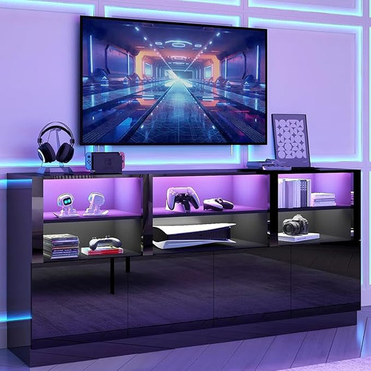 32'' Tall Black TV Stand for 65/75/80/85 Inch TVs with RGB LED Lights,Modern High Gloss Entertainment Center Cabinet Stands with Storage Shelves and Doors,TV Media Console Table for Living Room-NeatNest