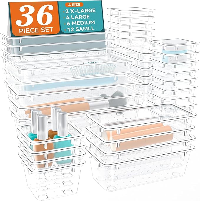 36 PCS Drawer Organizer Set, 4 Sizes Storage Drawer Units, Clear Plastic Makeup Vanity Organizer and Storage Bins for Makeup, Stationeries, Multiple Gadgets for Bathroom, Office, Bedroom-NeatNest