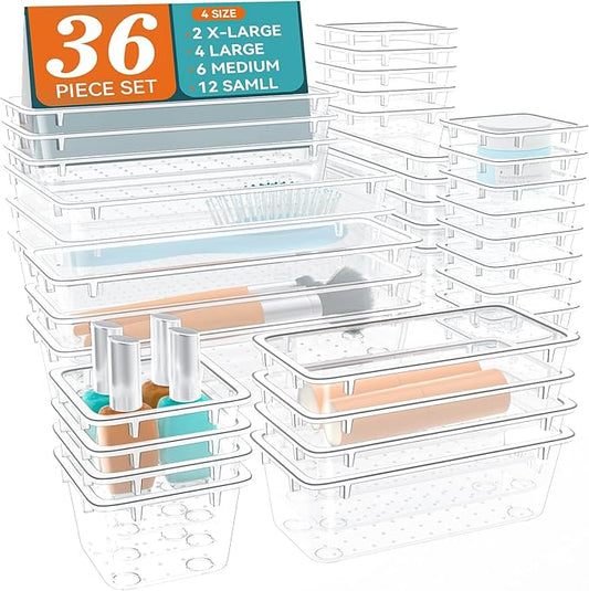 36 PCS Drawer Organizer Set, 4 Sizes Storage Drawer Units, Clear Plastic Makeup Vanity Organizer and Storage Bins for Makeup, Stationeries, Multiple Gadgets for Bathroom, Office, Bedroom-NeatNest