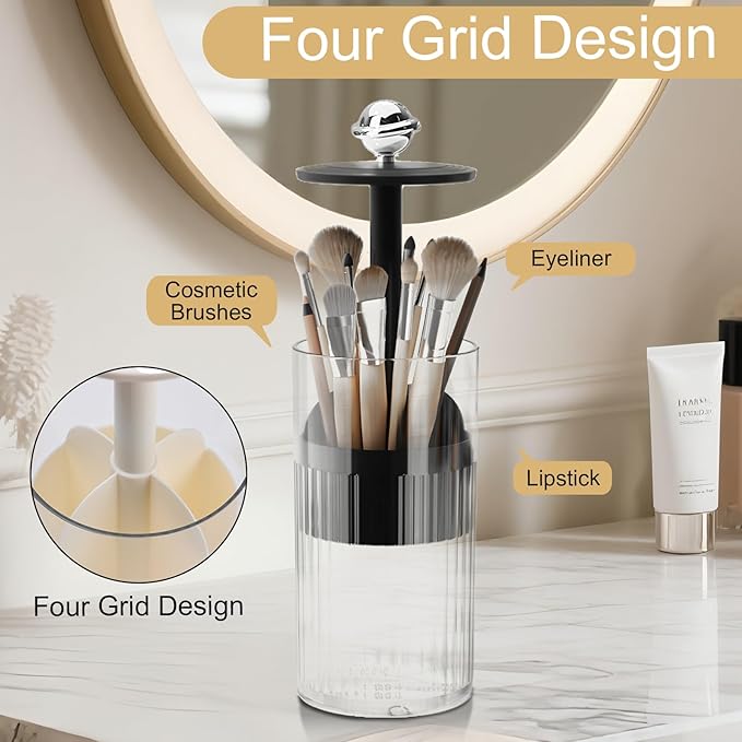 Makeup Brush Holder [Upgrade] with One Touch Open,Makeup Organizer Countertop with Dustproof Lid,Clear Makeup Organizers for Vanity, Desktop, Bathroom (Black)-NeatNest