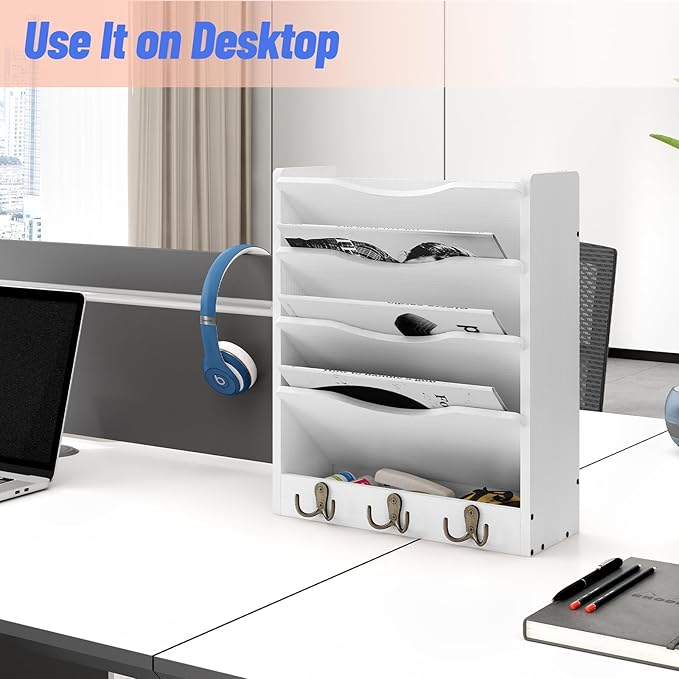5 Tier Hanging Wall File Holders Letter Size Wall File Organizer Wood Mail Organizer with 6 Hooks, White