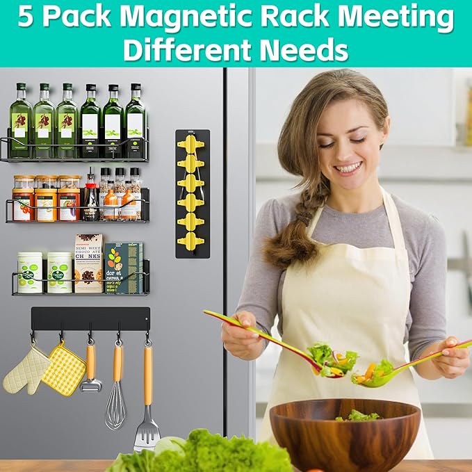 5 Pack Magnetic Shelves for Refrigerator, Magnetic Spice Rack with Tool Hooks, Versatile Metal Storage Baskets for Kitchen, Oven, Washing Machine(Black)