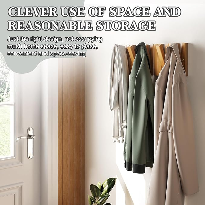Coat Hooks, Wall Mounted Rack with 9 Retractable Hangers, Solid Wood Slim Holder for Entryway, 17in Natural Finish-1-NeatNest