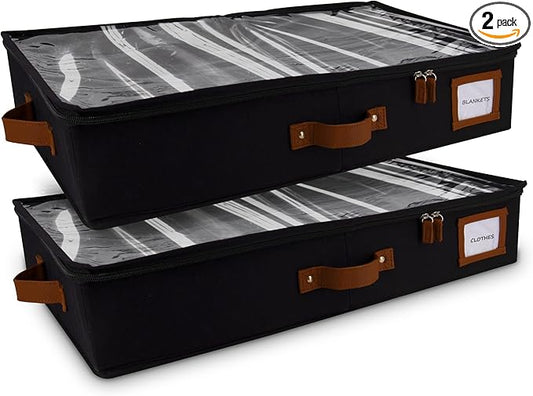 HOMELUX THEORY 2pc Under Bed Storage Containers, Bedroom Under the Bed Drawer Storage Organizer with Bins and Lids, Medium Underbed Clothes Storage Box Ideal for Blanket, Fabric, & Shoes (Black)-NeatNest