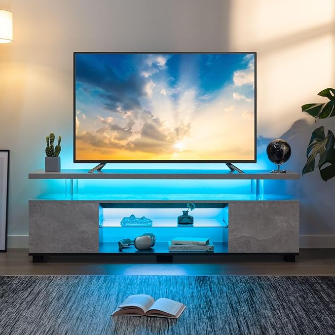 Grey TV Stand, LED TV Stand Modern Entertainment Center for Living Room LED Console Table for TV LED TV Cabinet for 65 inch TV-NeatNest
