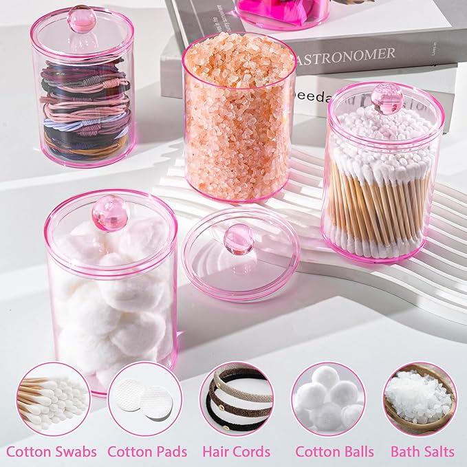 Qtip Holder Dispenser, 6 Pack 10 oz, 12 oz Plastic Apothecary Jar Set for Bathroom Canister Storage Organization,Vanity Makeup Organizer for Cotton Swab, Ball, Pads, Floss.(Pink)