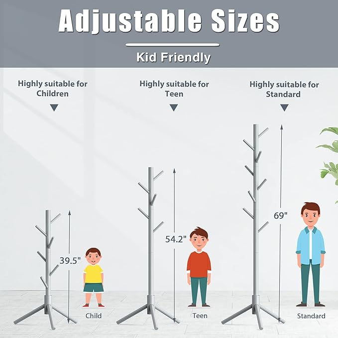 Haddockway Wooden Coat Rack Stand with 8 Hooks New Zealand Pine 3 Adjustable Coat Standing Tree Easy Assembly for Coats, Hats, Scarves and Handbags for Entryway, Hallway, Bedroom, Office-NeatNest
