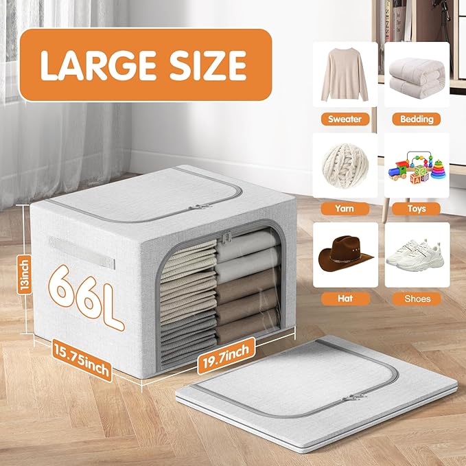 3 Pack Clothes Storage Bins with Metal Frame, Stackable & Foldable Linen Storage Box with Lids, Closet Organizers And Storage For Bedding, Blanket, Sweater, Baby Clothes. (Large 66L)-NeatNest
