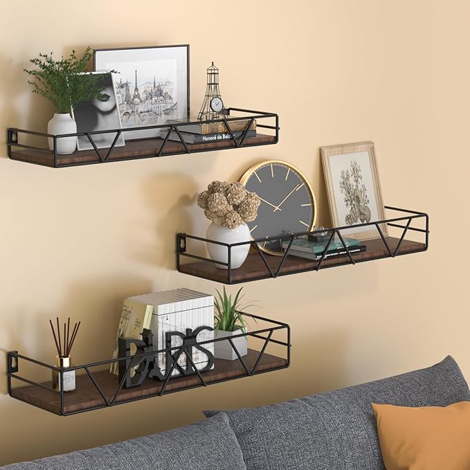 Floating Shelves Set of 3, Home Wood Wall Shelf, Farmhouse Shelf for Bedroom, Wall Mounted Floating Shelf for Living Room, Bedroom, Bathroom, Kitchen, Office (Black)-NeatNest