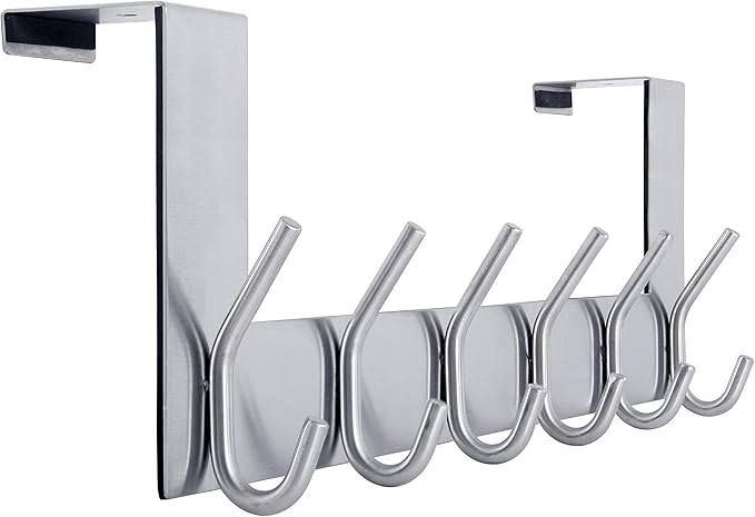 WEBI Over The Door Hook Door Hanger:Over The Door Towel Rack with 6 Hooks for Hanging Coats,Towel Hanger Door Coat Hanger Over Door Coat Rack for Towels,Clothes,Back of Bathroom,Silver