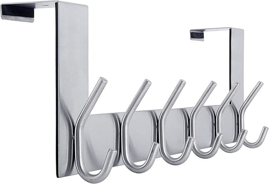 WEBI Over The Door Hook Door Hanger:Over The Door Towel Rack with 6 Hooks for Hanging Coats,Towel Hanger Door Coat Hanger Over Door Coat Rack for Towels,Clothes,Back of Bathroom,Silver
