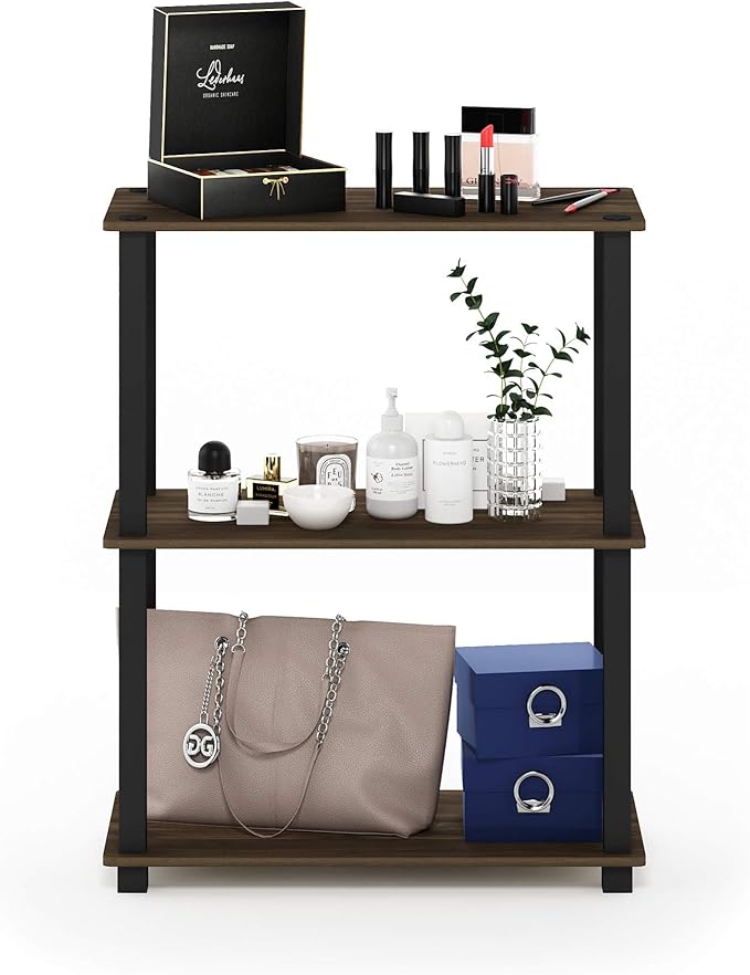 Furinno Turn-S-Tube 3-Tier Compact Multipurpose Shelf Display Rack with Square Tube, Columbia Walnut/Black-NeatNest