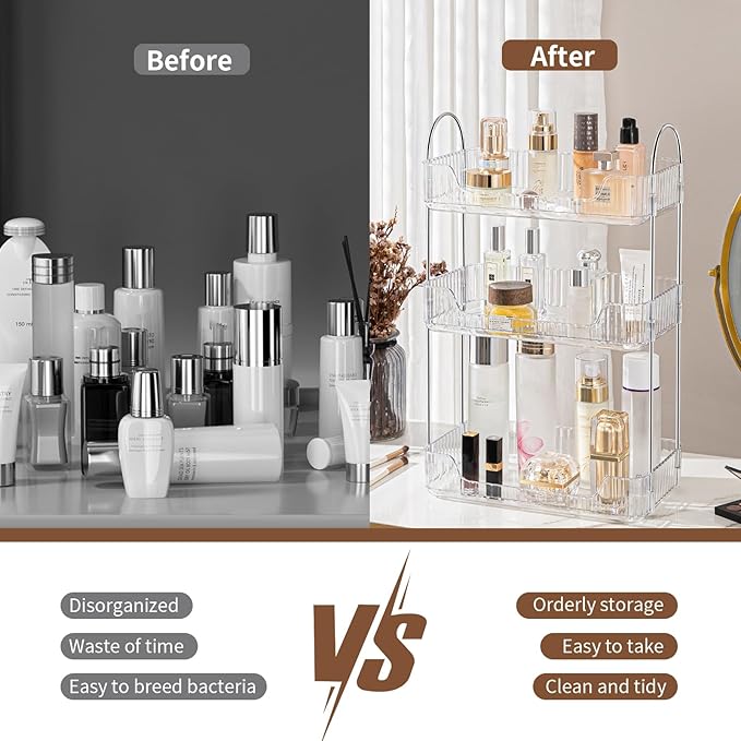 Bathroom Organizer Countertop, Vanity Trays, Skincare Makeup Organizer Shelf, Counter Shelf for Cosmetics, Toiletries, Lotions, Perfumes (3 Tiers, Clear)-NeatNest