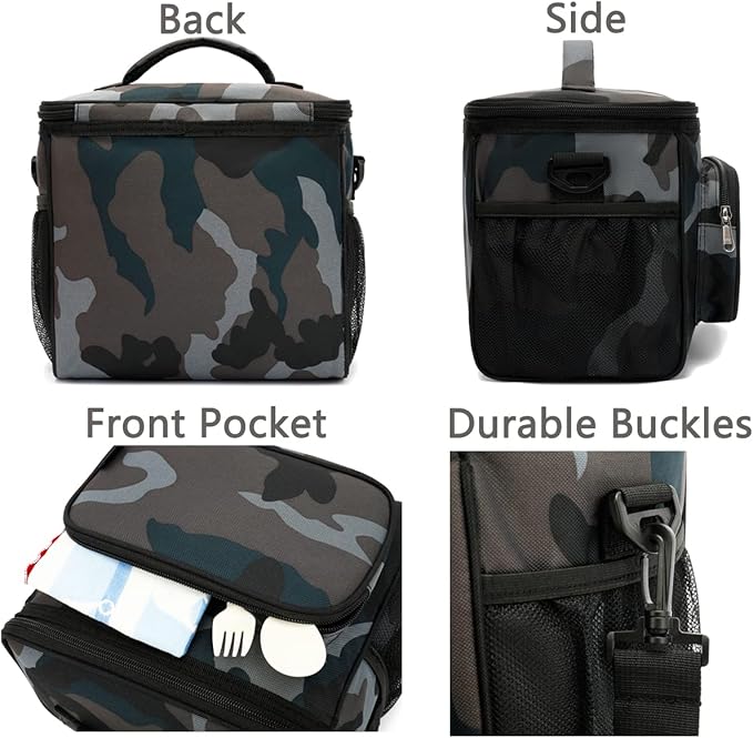 FlowFly Insulated Reusable Lunch Bag Adult Large Lunch Box for Women and Men with Adjustable Shoulder Strap,Front Zipper Pocket and Dual Large Mesh Side Pockets,BlackCamo-NeatNest