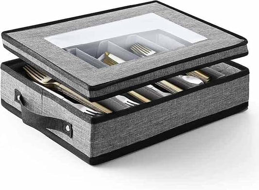 Flatware & Utensil Storage, Durable Silverware Storage Box with Padded Dividers, 5 Compartment Flatware Storage Case, Silverware Case with Handles, Protects and Organizes Cutlery, Grey-NeatNest