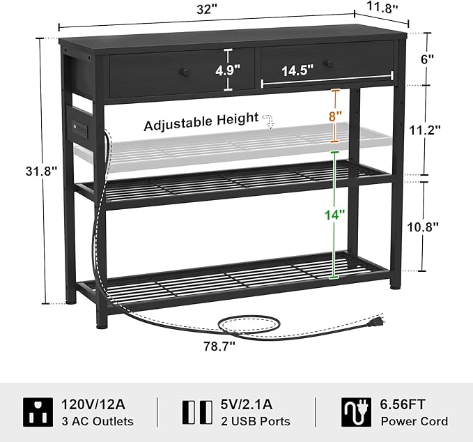 Ecoprsio Entryway Table with Outlets and USB Ports, Console Table with 2 Drawers, Small Sofa Table with Storage Shelves for Living Room, Couch, Hallway, Foyer, Kitchen Counter, 32'', Black-NeatNest