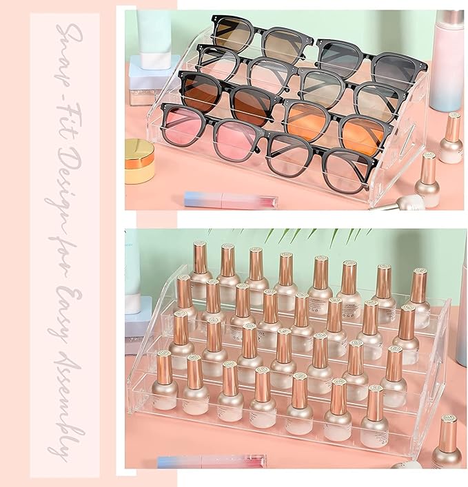 Nail Polish Organizer 48 Bottles of 4 Layers Sunglass Organizer Acrylic Display Rack Eyeglasses Storage Essential Oils Holder Makeup Organizer No Tool Needed Assembly, Clear-NeatNest