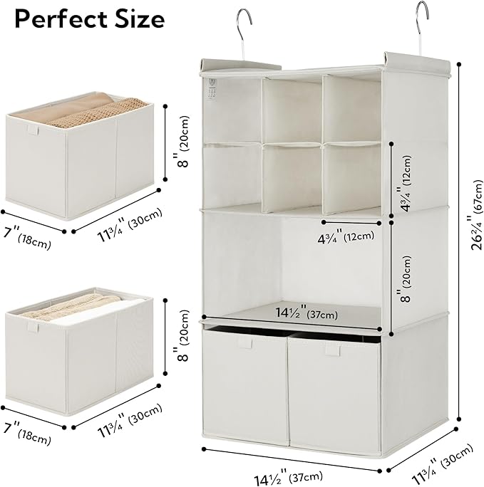 GRANNY SAYS Hanging Closet Organizer with Drawers, 4 Shelf Dividers Closet Hanging Organizer, Foldable Hanging Shelves for Clothes Organizer, Small Closet Organizers and Storage, Beige-NeatNest