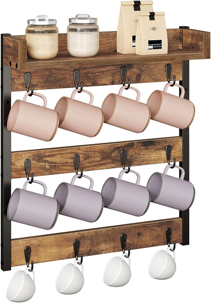 Coffee Mug Holder Stand, 3 Tier Mug Tree Rack, Hanging 12 Cups, with Top Shelf, for Kitchen, Dining Room, Living Room, Cafe, Rustic Brown MH42BR-NeatNest