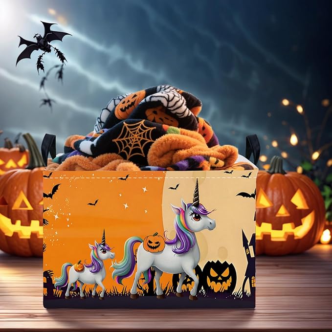 Halloween Basket Gift Cute Pumpkin Ghost Parties Decor Kid Trick or Treat Basket for Boys and Girls Rectangular Storage Bin Box (Unicorn Bat)-NeatNest