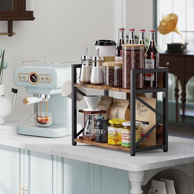 2 Tier Kitchen Counter Shelf Organizer, Coffee Bar Station Organizer for Countertop，Space Saving Spice Rack, Desk Shelf Riser, Coffee Bar Accessories(Rustic Brown, Medium)