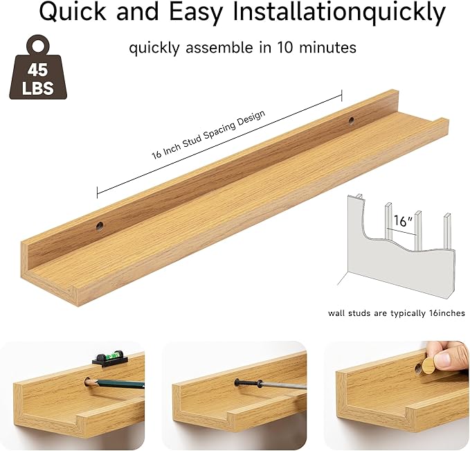 Fun Memories Picture Ledge Shelf, 24 Inch Floating Shelves Set of 2, Nursery Book Shelves for Toys Storage, Kids Bookshelf Wall Mounted for Wall Decor Books Photo Frames, Oak-NeatNest