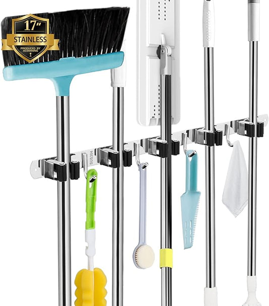 AceMining 5 Racks and 4 Hooks Mop and Broom Holder Wall Mount, Broom Organizer Storage Tool Racks Stainless Steel Heavy Duty Hooks Self Adhesive Solid Non-slip for Home Kitchen Garden Laundry Garage-NeatNest