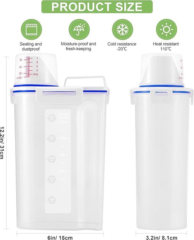 2 Pcs 5.5Lbs Rice Dispenser Storage Containers, Rice Container with Measuring Cup & Pour Spout, Kitchen Plastic Airtight Container for Cereal, Grain, Flour, Sugar, Oatmeal, Dry Pet Dog Food-NeatNest