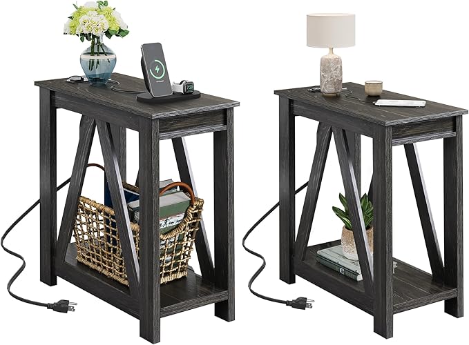 WLIVE End Tables Living Room Set of 2 with Charging Station, Sofa Side Tables with Open Storage Shelf, Slim Farmhouse End Table Sets, Charcoal Black