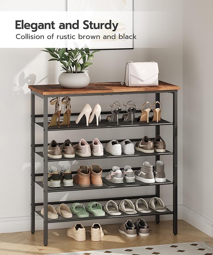 HOOBRO Shoe Rack for Entryway, 5-Tier Shoe Organizer with Adjustable Mesh Shelves, 16-20 Pairs of Shoes, Spacious Floor Mount, Metal, Industrial, Shoe Shelf for Closet, Rustic Brown BF12XJ01-NeatNest