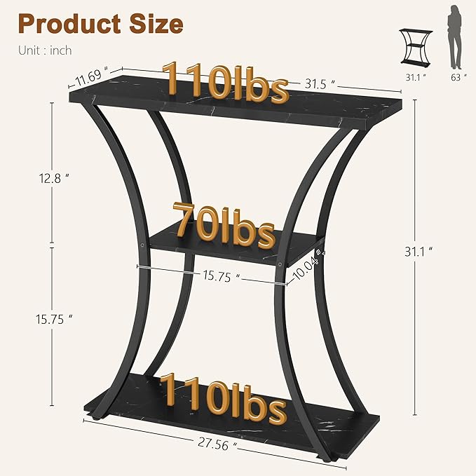 Hoctieon 3 Tier Console Table with Open Wood Shelves, Decorative Entryway Table with Curved Metal Frames, Narrow Sofa Table for Entrance, Living Room, Hallway, Black Marbled-NeatNest