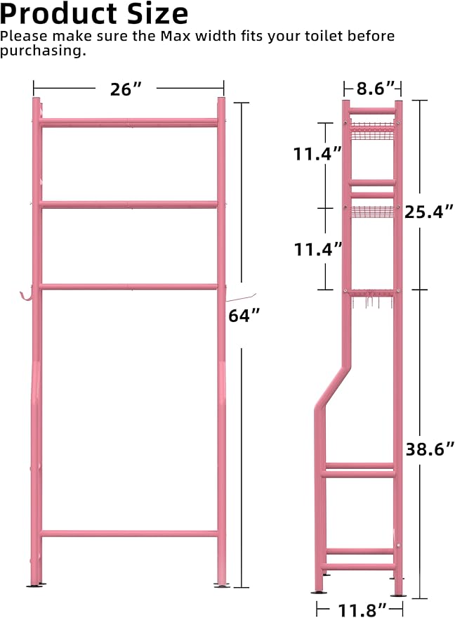 3-Tier Over The Toilet Storage, Freestanding Metal Bathroom Shelves with 4 Hooks, Over Toilet Storage Shelf with Paper Holder, Above The Toilet Shelf for Bathroom Storage, Pink-NeatNest