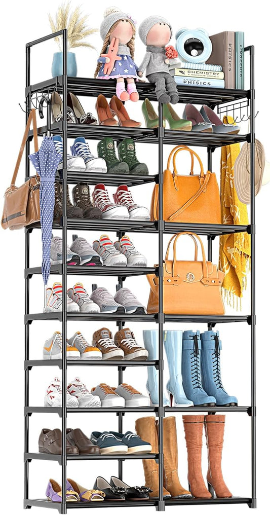 Kottwca 2 Row 10 Tier Tall Shoe Rack Organizer for Closet Entryway, 40-45 Pair Shoe Boot Storage Rack, Metal Shoe Shelf Small Vertical Stackable Shoe Stand for Bedroom Corner-NeatNest