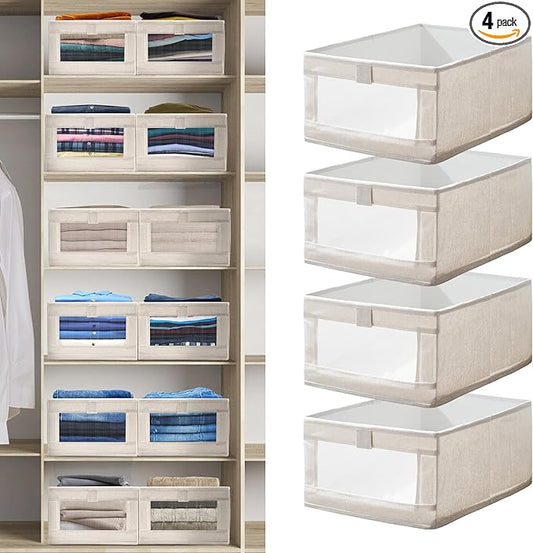 4 Pack Linen Closet Organizers and Storage, Closet Storage Bins Linen Closet Baskets for Closet Organization Foldable Closet Organizer Bins with Clear Window for Organizing Clothing, Beige-NeatNest