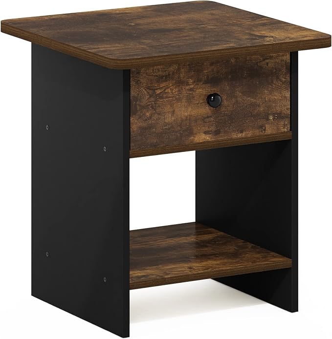 Furinno Dario End Table/ Night Stand Storage Shelf with Bin Drawer, Amber Pine/Black, 1-Pack, Upper Bin