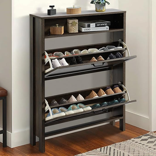 Shoe Cabinet with 2 Flip Drawers, Narrow Shoe Storage Cabinet, Freestanding Shoe Cabinet Organizer, Hidden Shoe Rack Cabinet for Entryway, Hallway (2-Drawers, Brown/2-drawers)-NeatNest