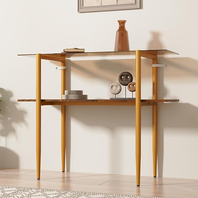 Glass Sofa Table, Mid-Century Modern Entryway Table with Tempered Glass & Golden Legs, 2-Tier Behind Couch Table for Living Room Hallway Entrance, Brown-NeatNest