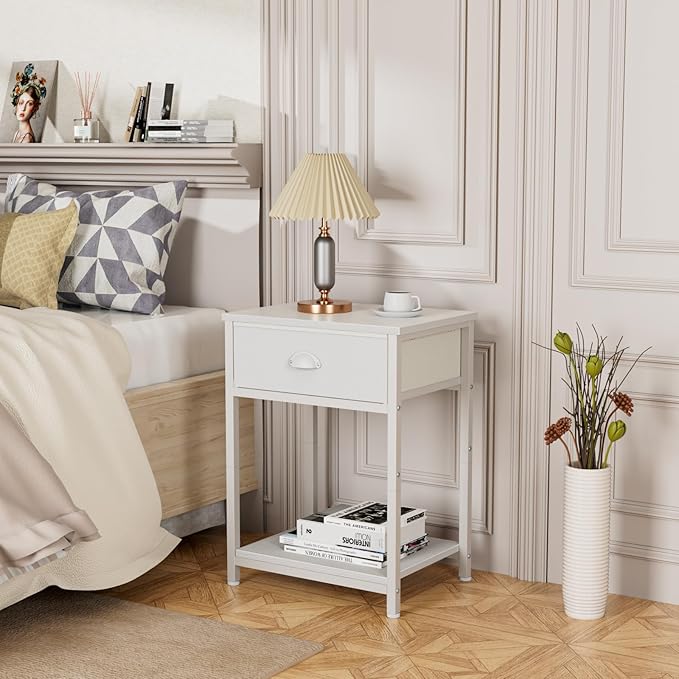 Furologee White Nightstand with Fabric Drawer, Small Side Table for Small Spaces, 2 Tiers Storage Shelves End Table, Night Stand for Living Room, Bedroom, Dorm