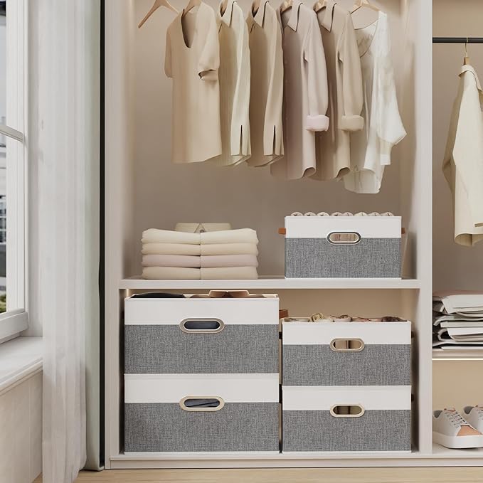 Yawinhe Fabric Storage Baskets, Foldable Closet Organizer for Shelves, Large Boxes with 3 Handles, Canvas Bins for Clothes, White/Grey, 12.99''Lx9.05''Wx7.87''H, 4-Pack-NeatNest