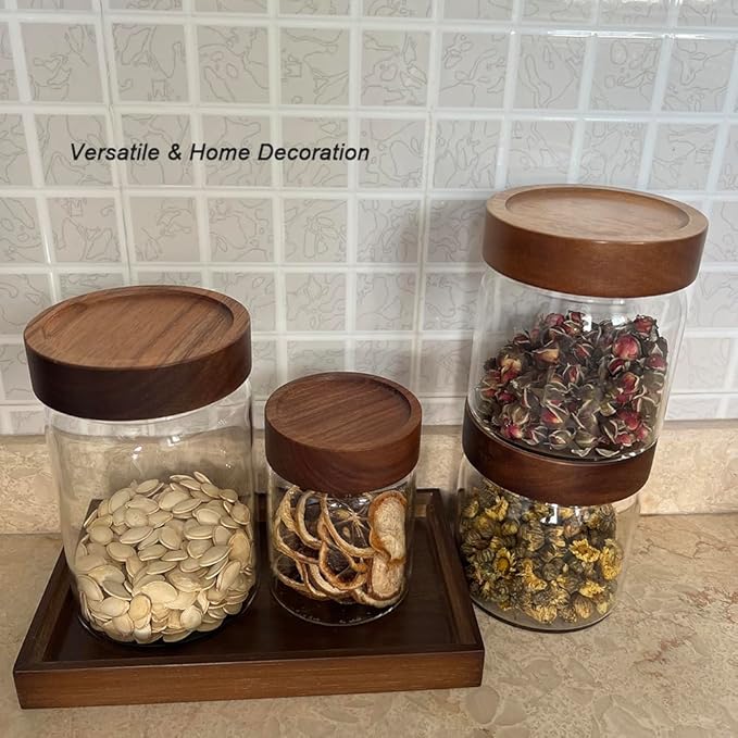Clear Glass Storage Canister with Airtight Wooden Screw Lid 33oz/1000g 2 PACK with Tray,Decorative Container Jar for Coffee,Spice,Candy,Salt,Cookie,Condiment,Pepper,Sugar,Overnight Oatmeal-NeatNest