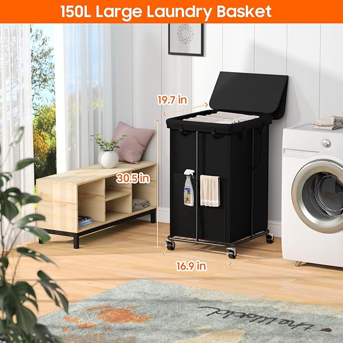 150l Laundry Hamper with Lid, Rolling Laundry Basket with Wheels, Large & Tall Dirty Clothes Hamper with Metal Frame and Removable Bag for Bedroom Aesthetic, Laundry Room, Bathroom, Dorm-Black