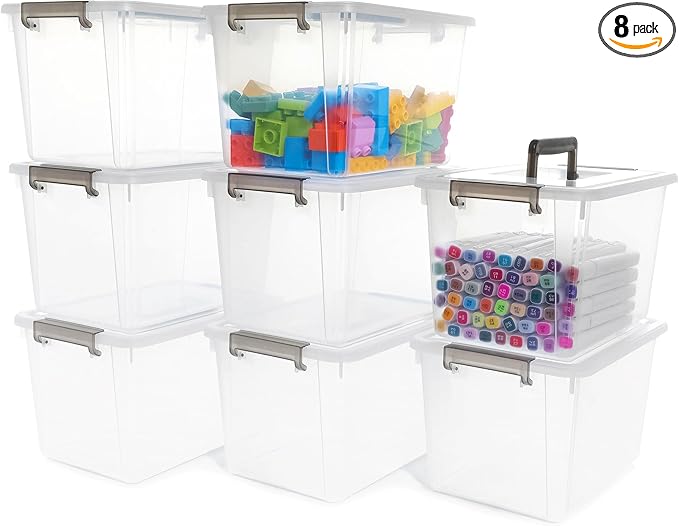 Citylife 8 Packs 6 QT Plastic Storage Bins with Latching Lids Clear Storage Box with handle Stackable Storage Containers for Organizing Snacks, Crafts, Toys, Tools-NeatNest
